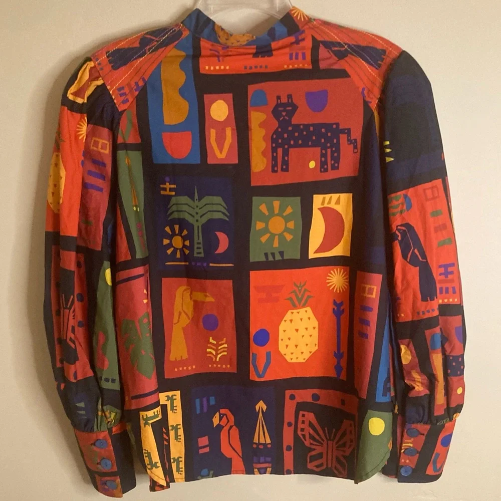 NEW FARM Rio Colorful Tropical Icons Blouse Puff Sleeves Cotton Bird Size S or M